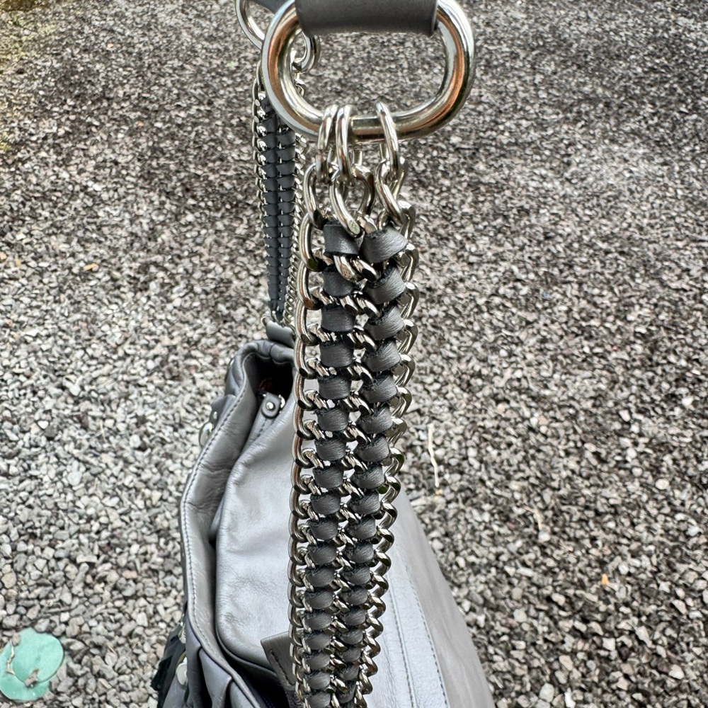 Sharif Gray Leather Studded Hobo Shoulder Bag with Chain Strap & Tassel - Picture 9 of 16